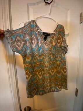 INC International Concepts Teal and Taupe Embellished V-Neck Blouse